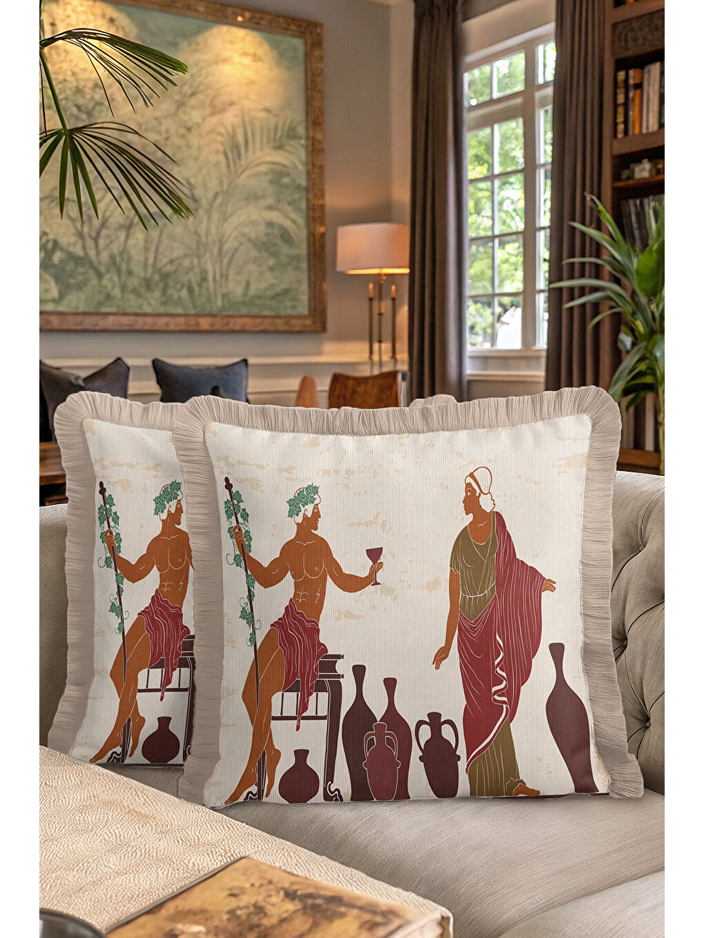 Karışık Antik Yunan Motifli Saçaklı Yastık Kılıfı - Klasik Etnik Bej Bordo Püsküllü Kırlent Kılıfı-7