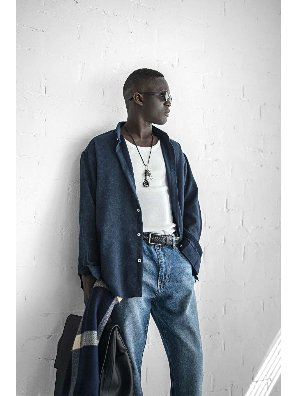 Erkek Uzun Kollu Desenli Oversize Gömlek Lacivert-2