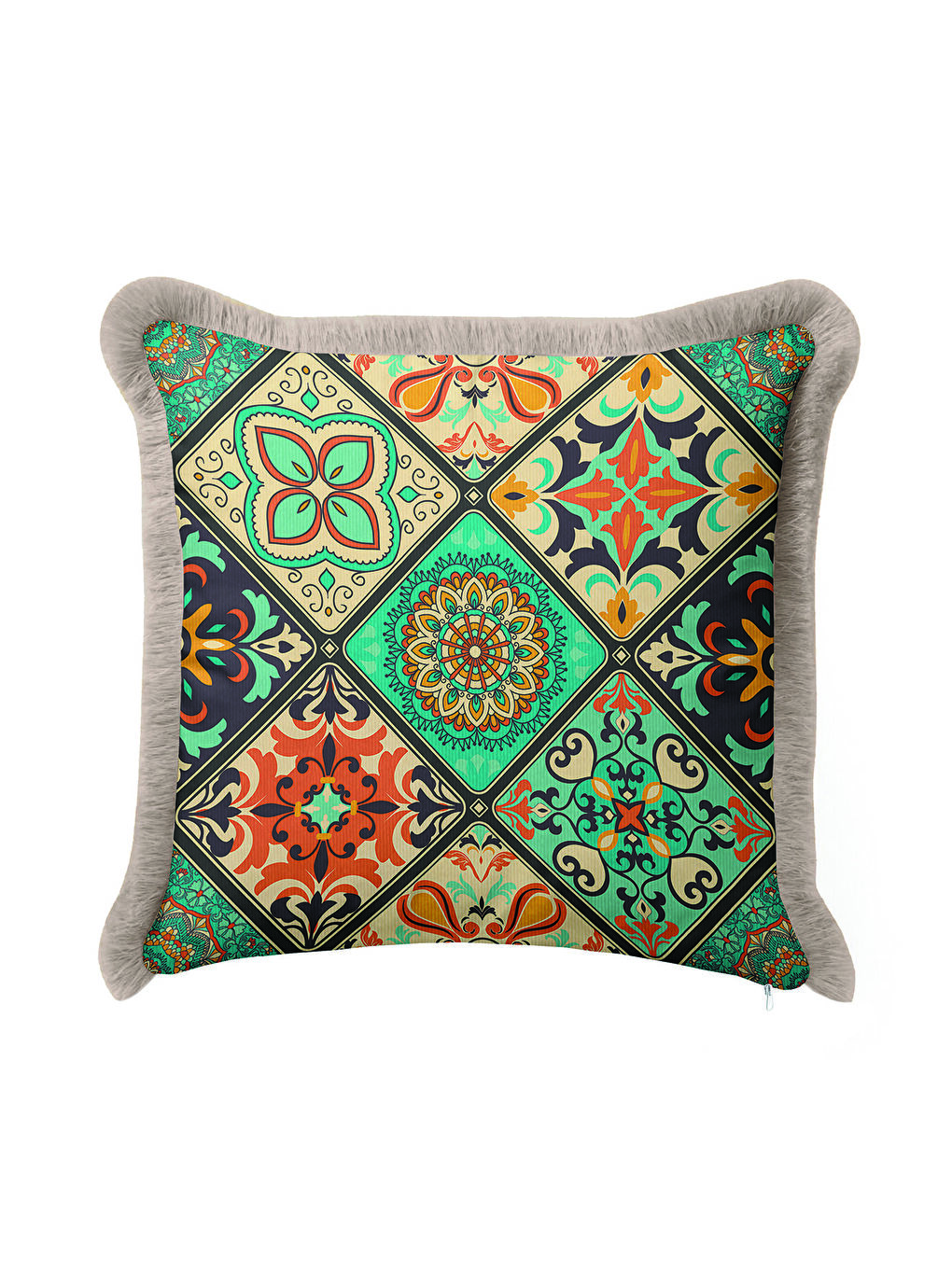 Karışık Avangart Mozaik Saçaklı Yastık Kılıfı - Vintage Etnik Mint Turuncu Gri Püsküllü Kırlent Kılıfı-3
