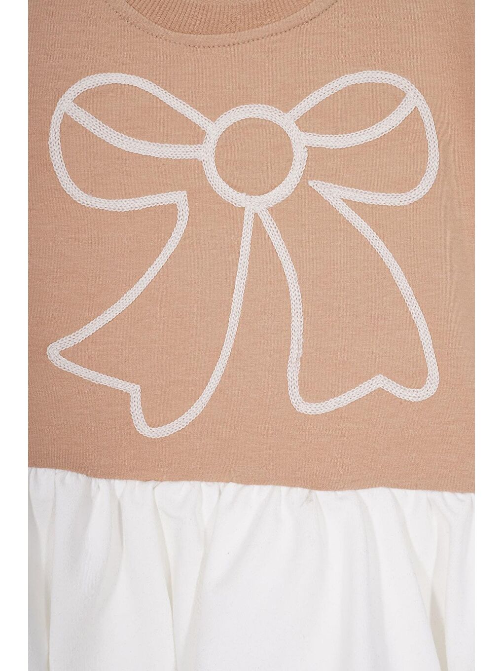 Bej Bisiklet Yaka Fiyonk Detaylı Balon Etekli Gül Vizon Renk Kız Çocuk Etekli Elbise-1