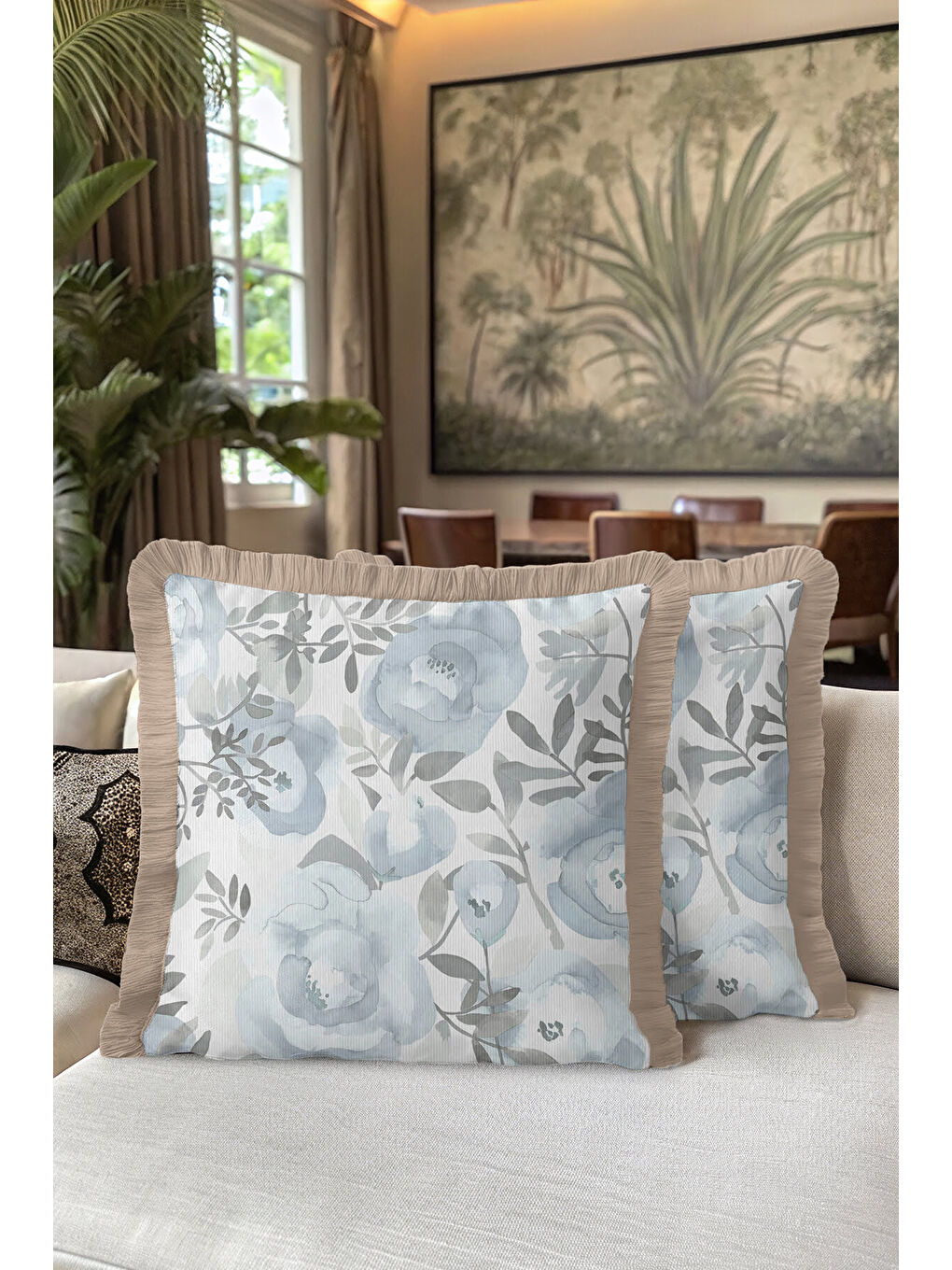 Karışık Sulu Boya Çiçekli Saçaklı Yastık Kılıfı - Pastel Mavi Bohem Sade Bej Püsküllü Kırlent Kılıfı-5