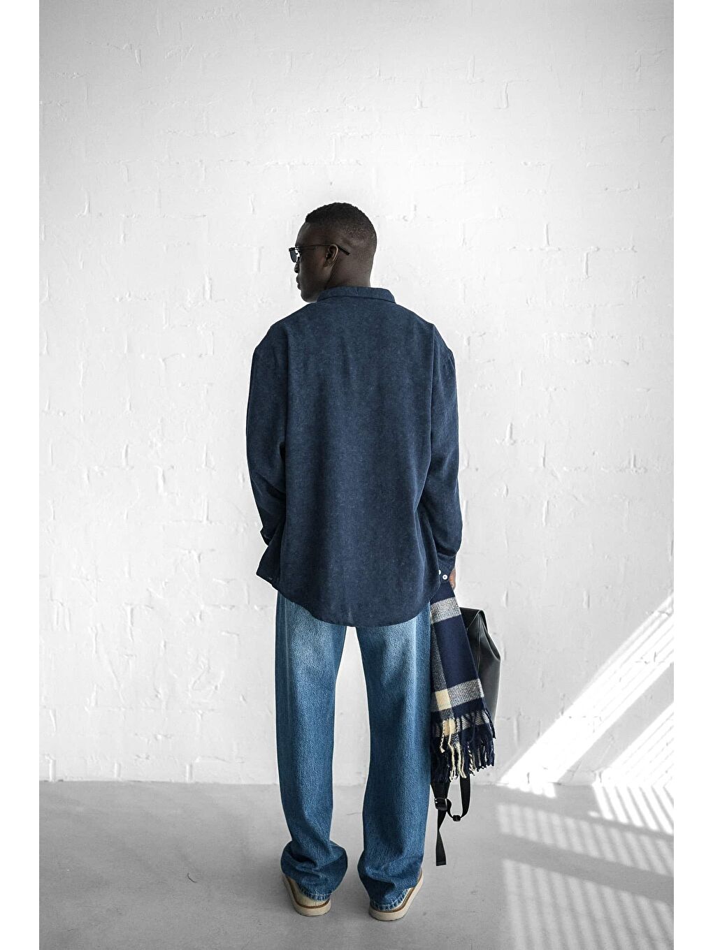 Erkek Uzun Kollu Desenli Oversize Gömlek Lacivert-3