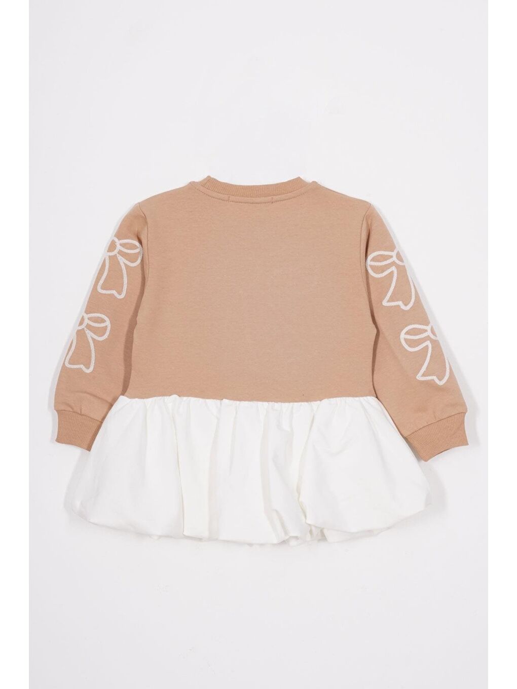 Bej Bisiklet Yaka Fiyonk Detaylı Balon Etekli Gül Vizon Renk Kız Çocuk Etekli Elbise-2