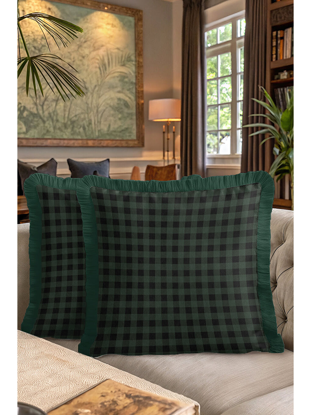 Karışık Lüks Ekose Saçaklı Yastık Kılıfı - Yeşil Kareli Klasik Rustik Püsküllü Kırlent Kılıfı-7