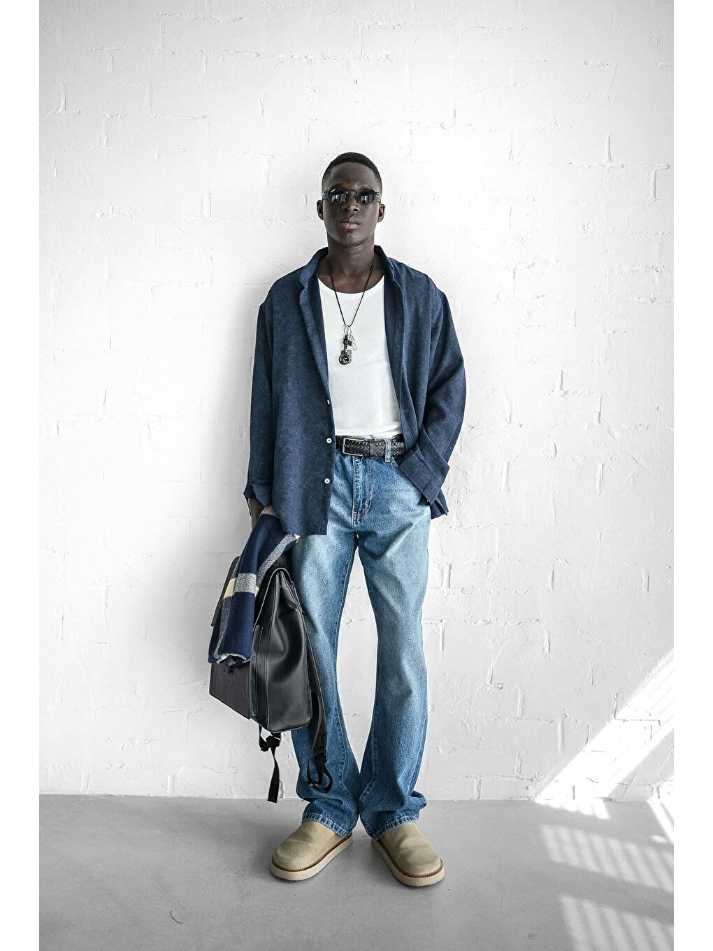 Erkek Uzun Kollu Desenli Oversize Gömlek Lacivert-4