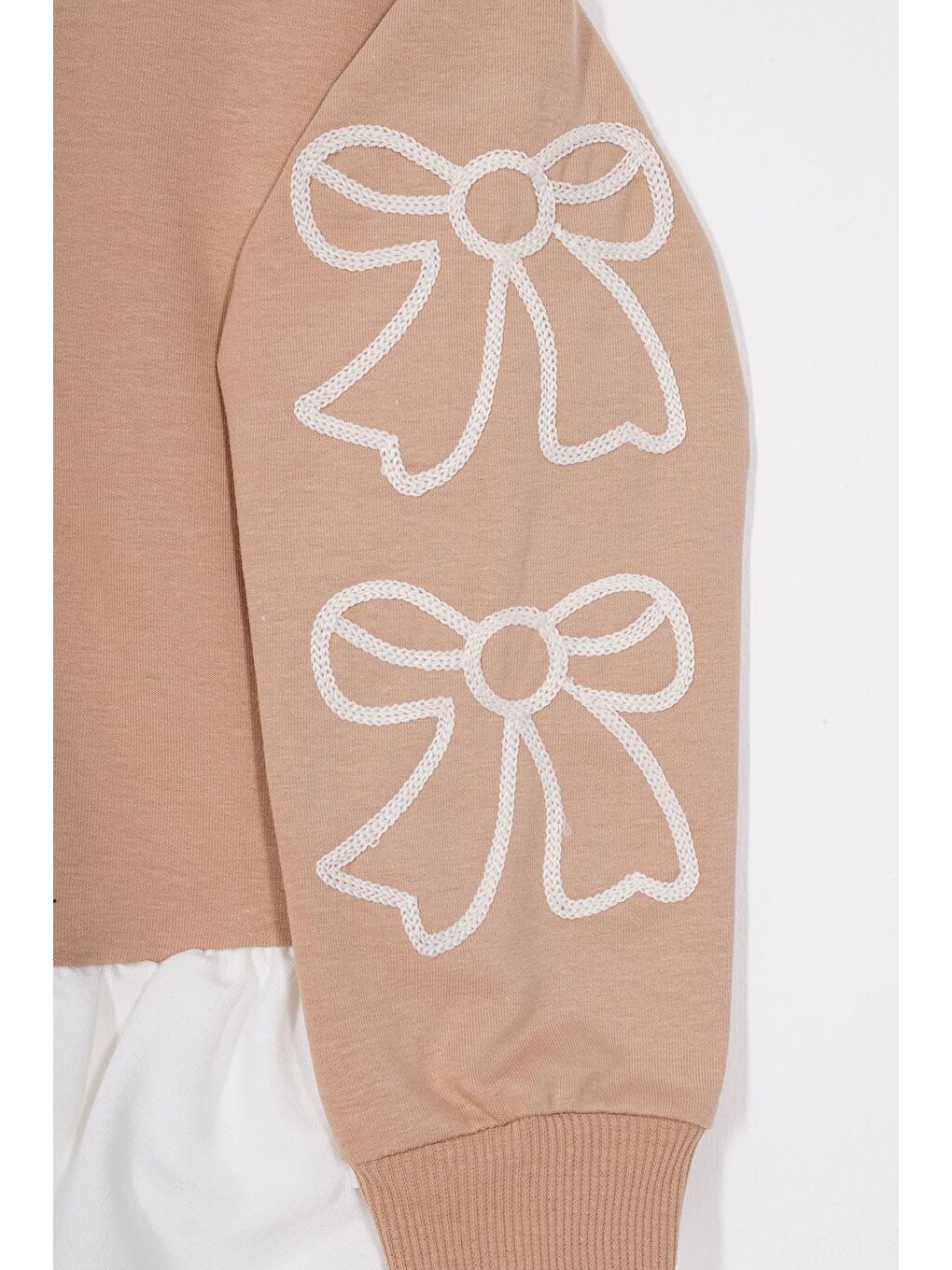 Bej Bisiklet Yaka Fiyonk Detaylı Balon Etekli Gül Vizon Renk Kız Çocuk Etekli Elbise-3