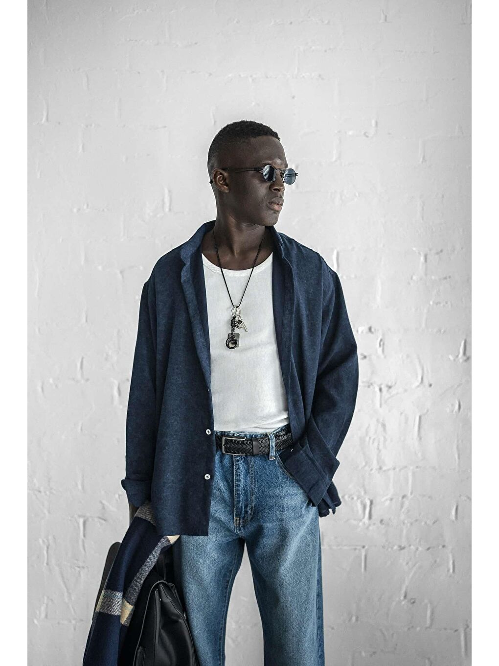 Erkek Uzun Kollu Desenli Oversize Gömlek Lacivert-5