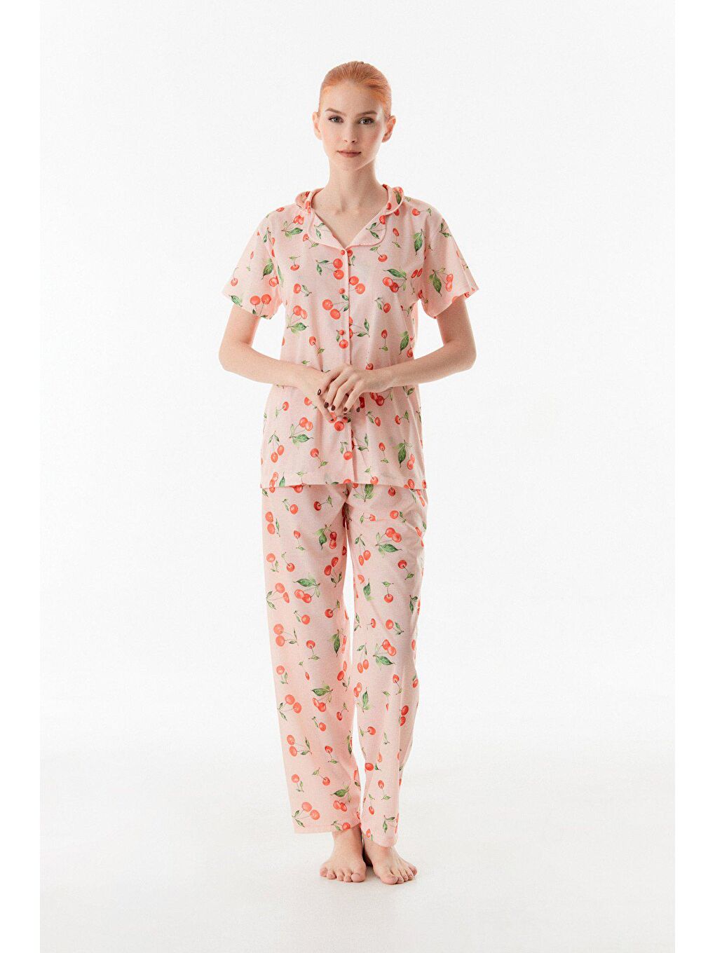 Pembe Kiraz Desenli Gömlek Yaka Pijama Takımı