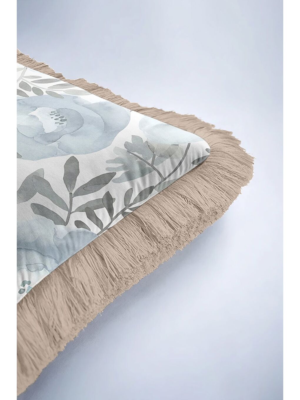 Karışık Sulu Boya Çiçekli Saçaklı Yastık Kılıfı - Pastel Mavi Bohem Sade Bej Püsküllü Kırlent Kılıfı-6