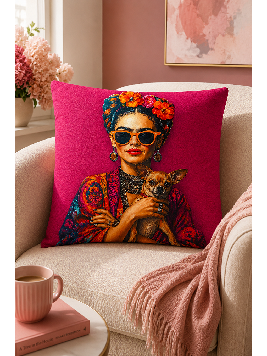Fuşya Çiçek Taçlı Kadın Köpek Desenli Dekoratif Kırlent Kılıfı Bohem Pop Art Dekor 43x43 Cm-3