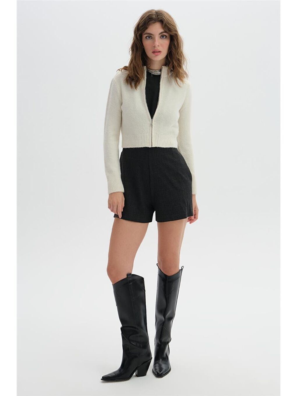 Ekru Fermuarlı Crop Triko Hırka-2