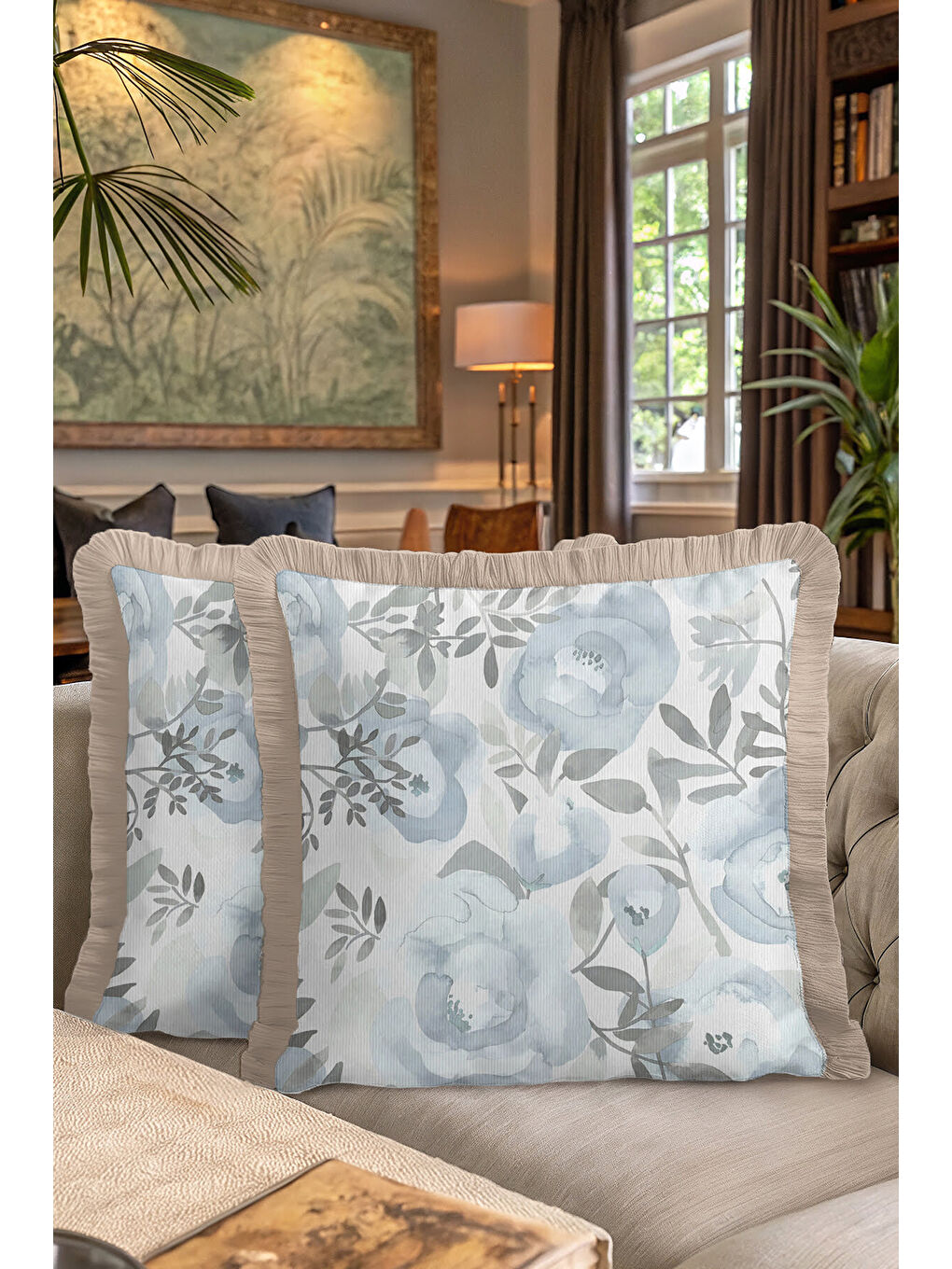 Karışık Sulu Boya Çiçekli Saçaklı Yastık Kılıfı - Pastel Mavi Bohem Sade Bej Püsküllü Kırlent Kılıfı-7