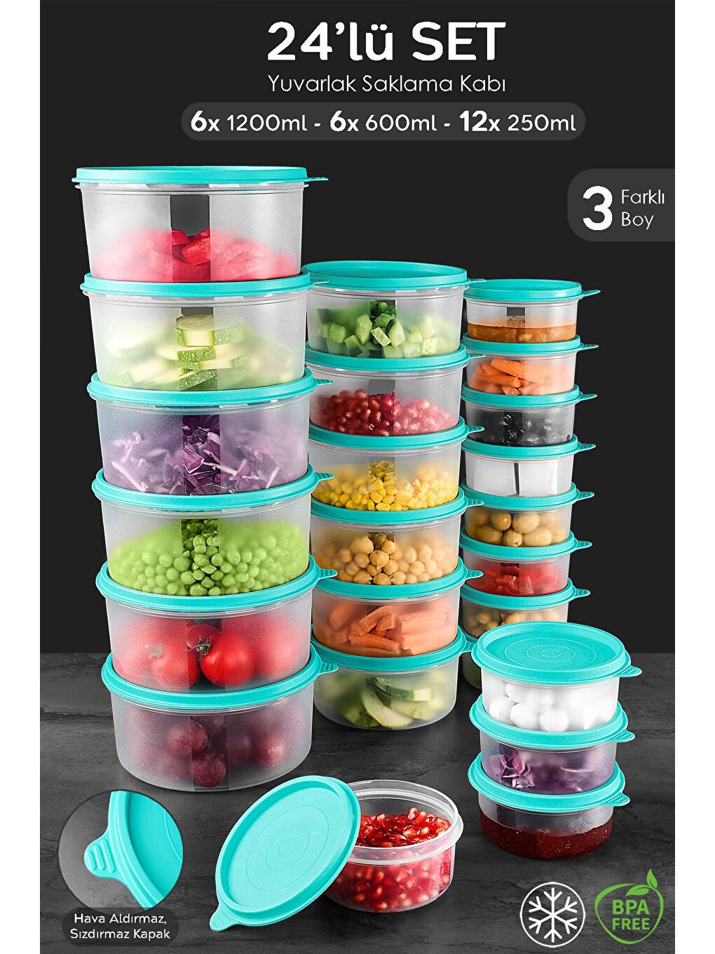 24'lü Yuvarlak Gıda Saklama Kabı Seti 12x250 6x600 6x1200 ml Yeşil