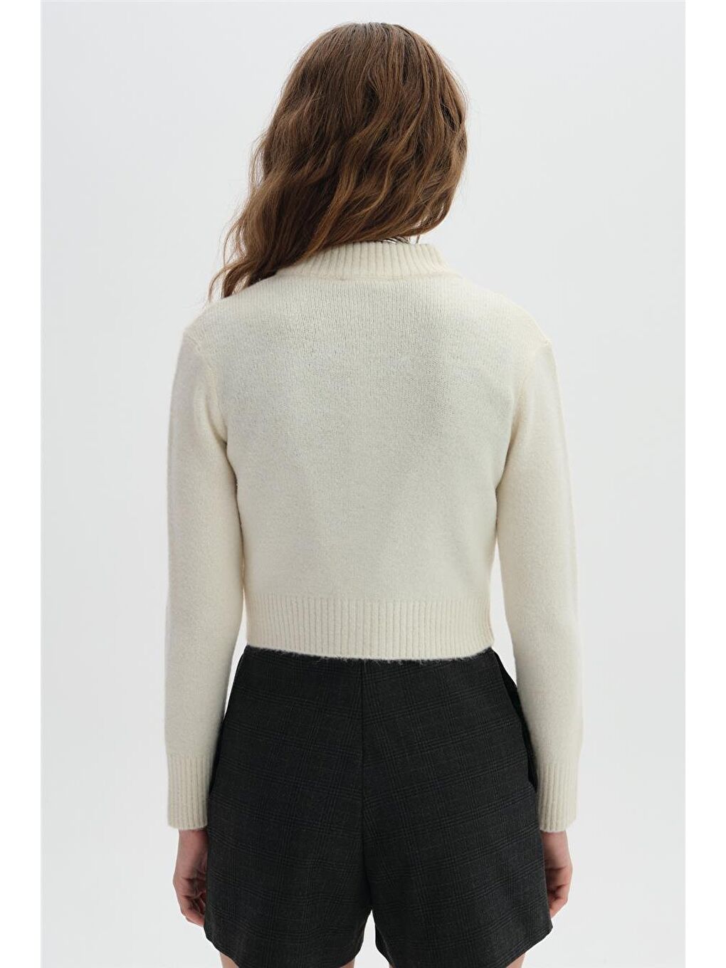 Ekru Fermuarlı Crop Triko Hırka-4