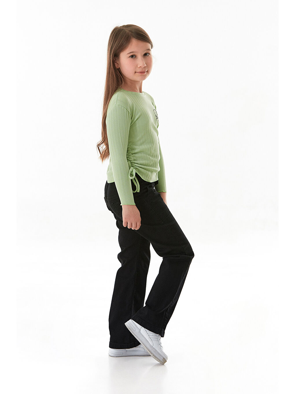 Turkuaz Fitilli Girl Power Baskılı Yanları Büzgülü Kız Çocuk Bluz-3