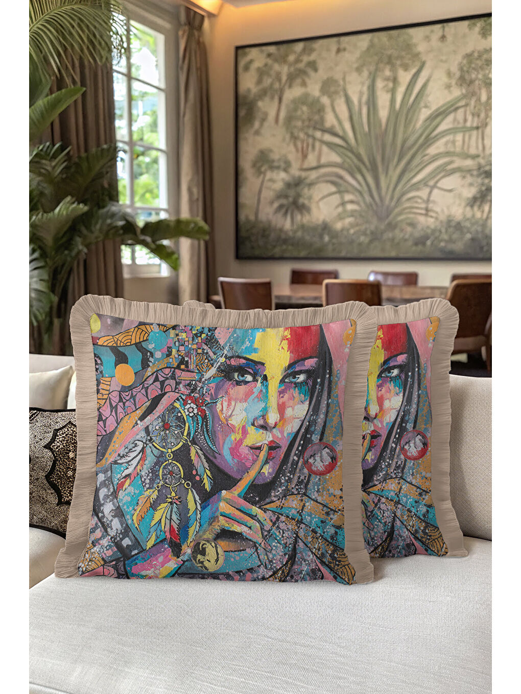 Karışık Renkli Sanat Portre Saçaklı Yastık Kılıfı - Bohem Etnik Vurgulu Mavi Bej Püsküllü Kırlent Kılıfı-5