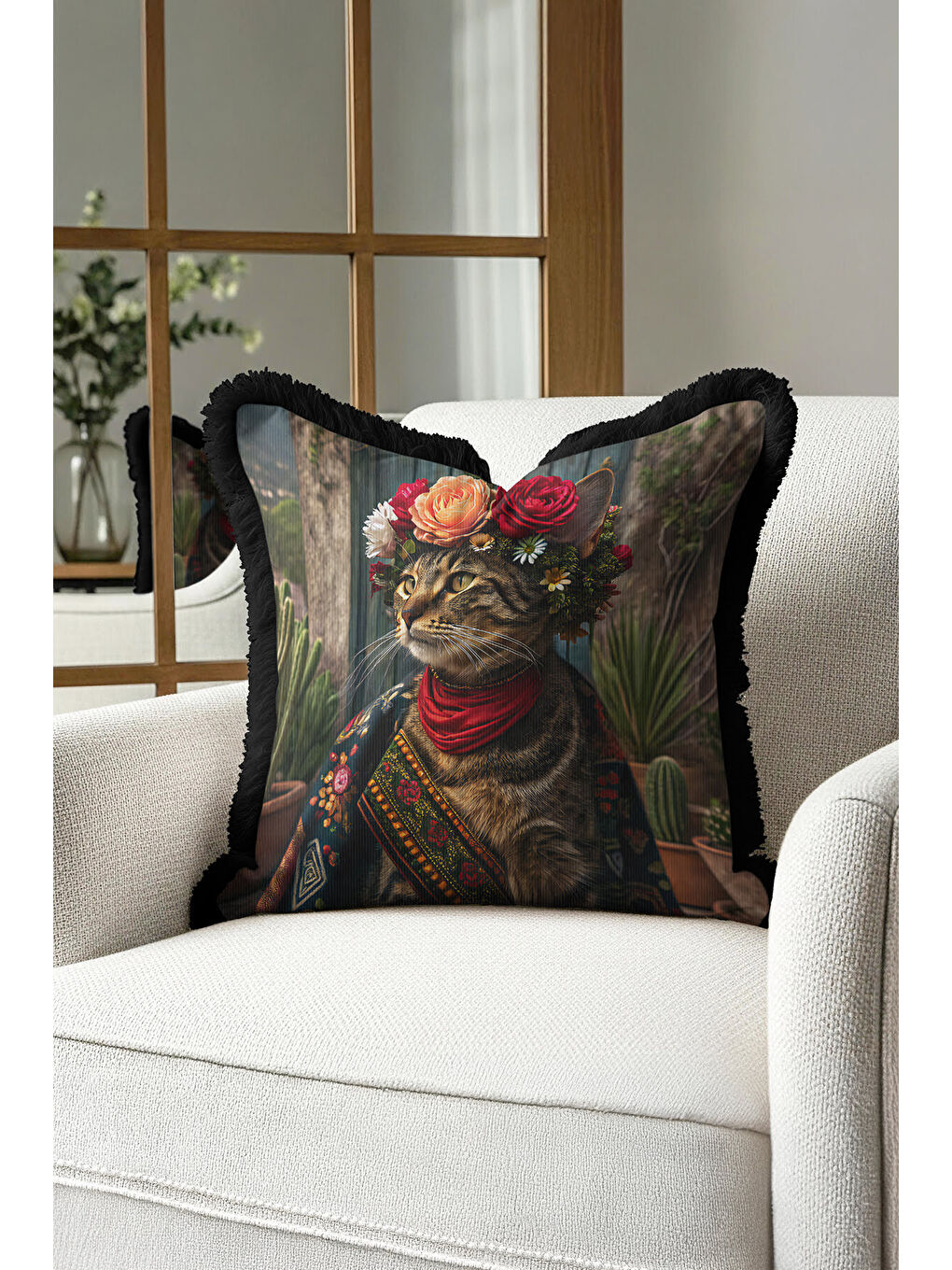 Karışık Bohem Çiçekli Saçaklı Yastık Kılıfı - Sanatsal Retro Çizgili Siyah Püsküllü Kırlent Kılıfı