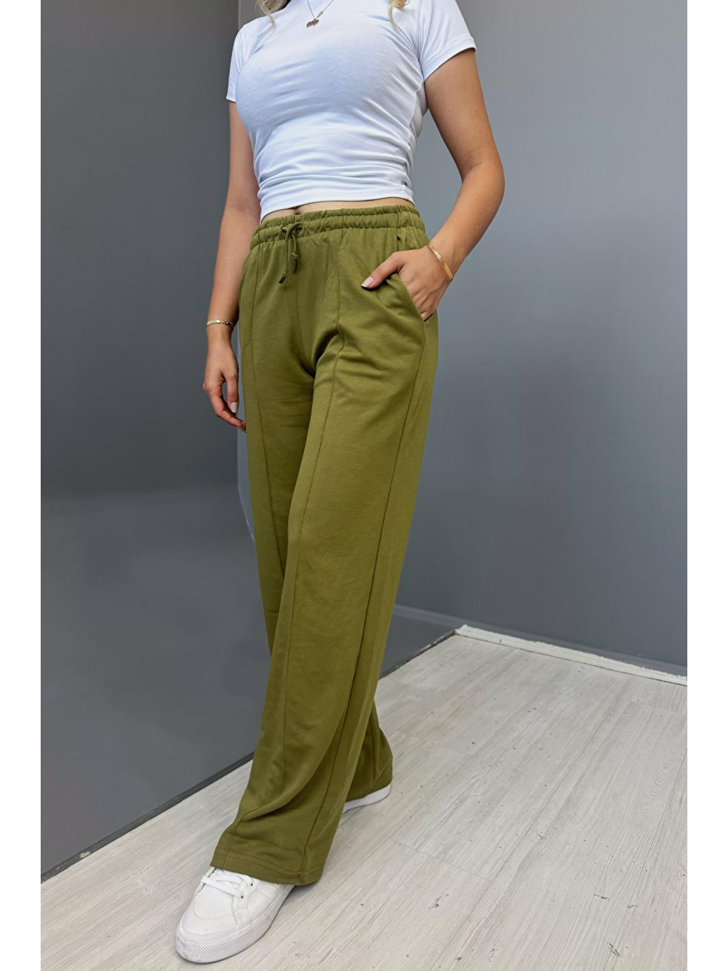 Kadın Haki Çımalı 2 Iplik Bol Paça Eşofman Altı-1