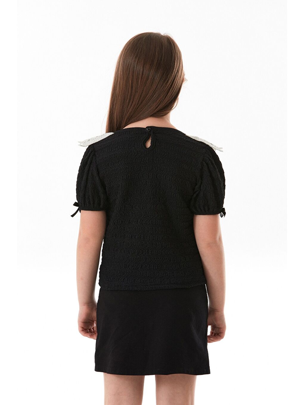 Siyah Fiyonk Ve Dantel Detaylı Bebe Yaka Kız Çocuk Bluz-2