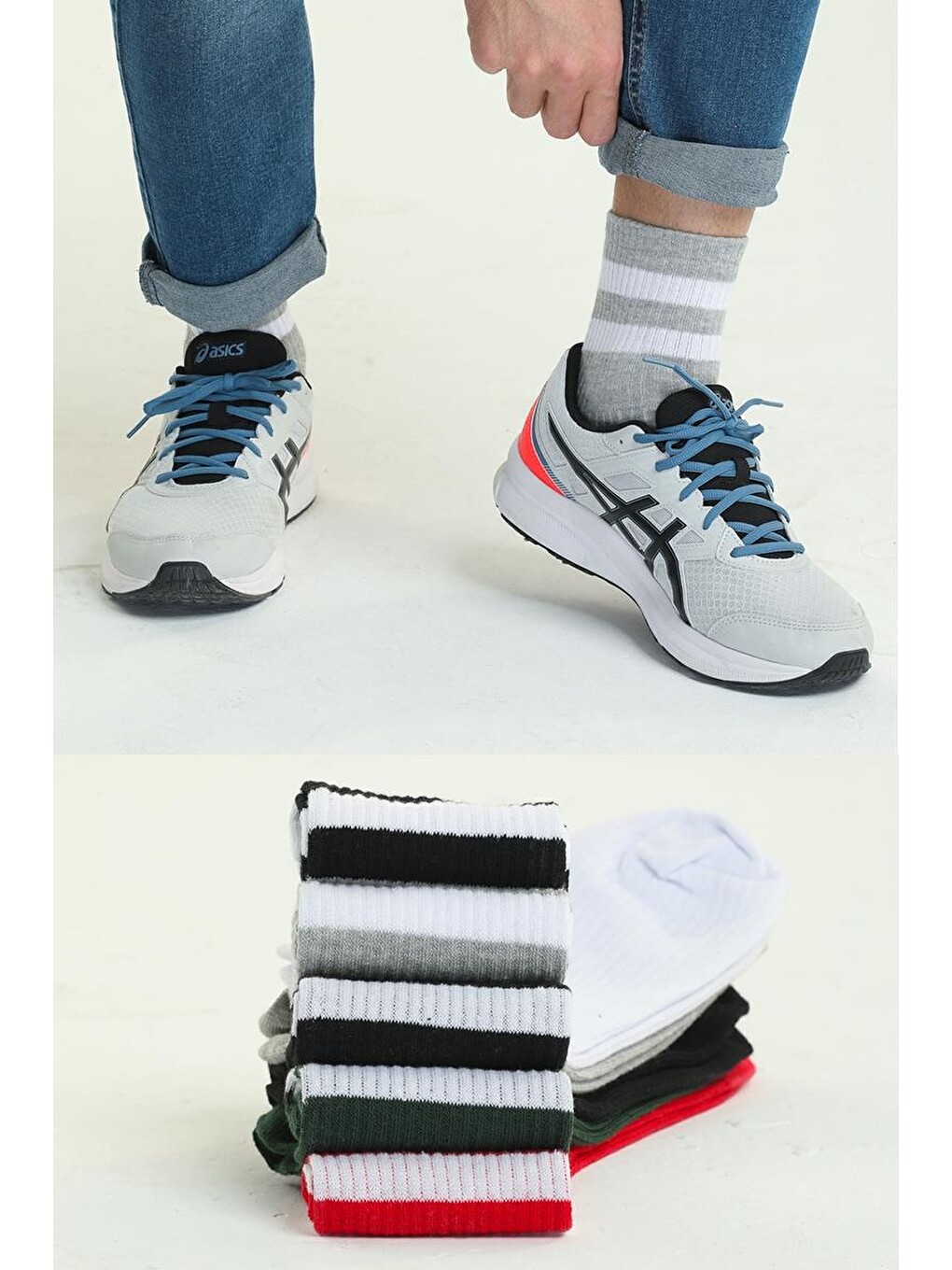 Renksiz 5'li paket beyaz çizgili farklı renklerde kısa soket Erkek Unisex Çorap-1