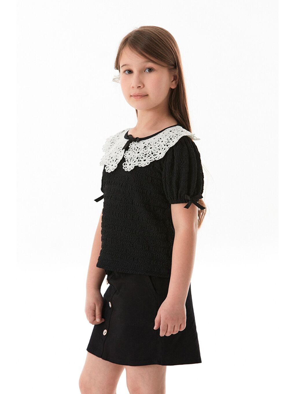 Siyah Fiyonk Ve Dantel Detaylı Bebe Yaka Kız Çocuk Bluz-3