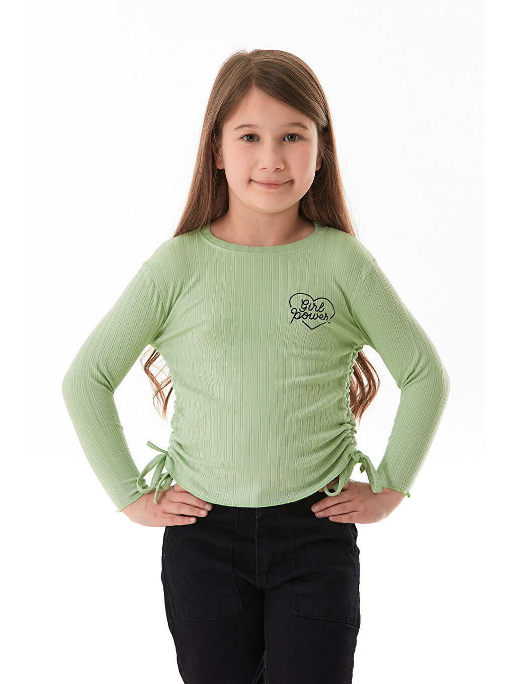 Turkuaz Fitilli Girl Power Baskılı Yanları Büzgülü Kız Çocuk Bluz-4
