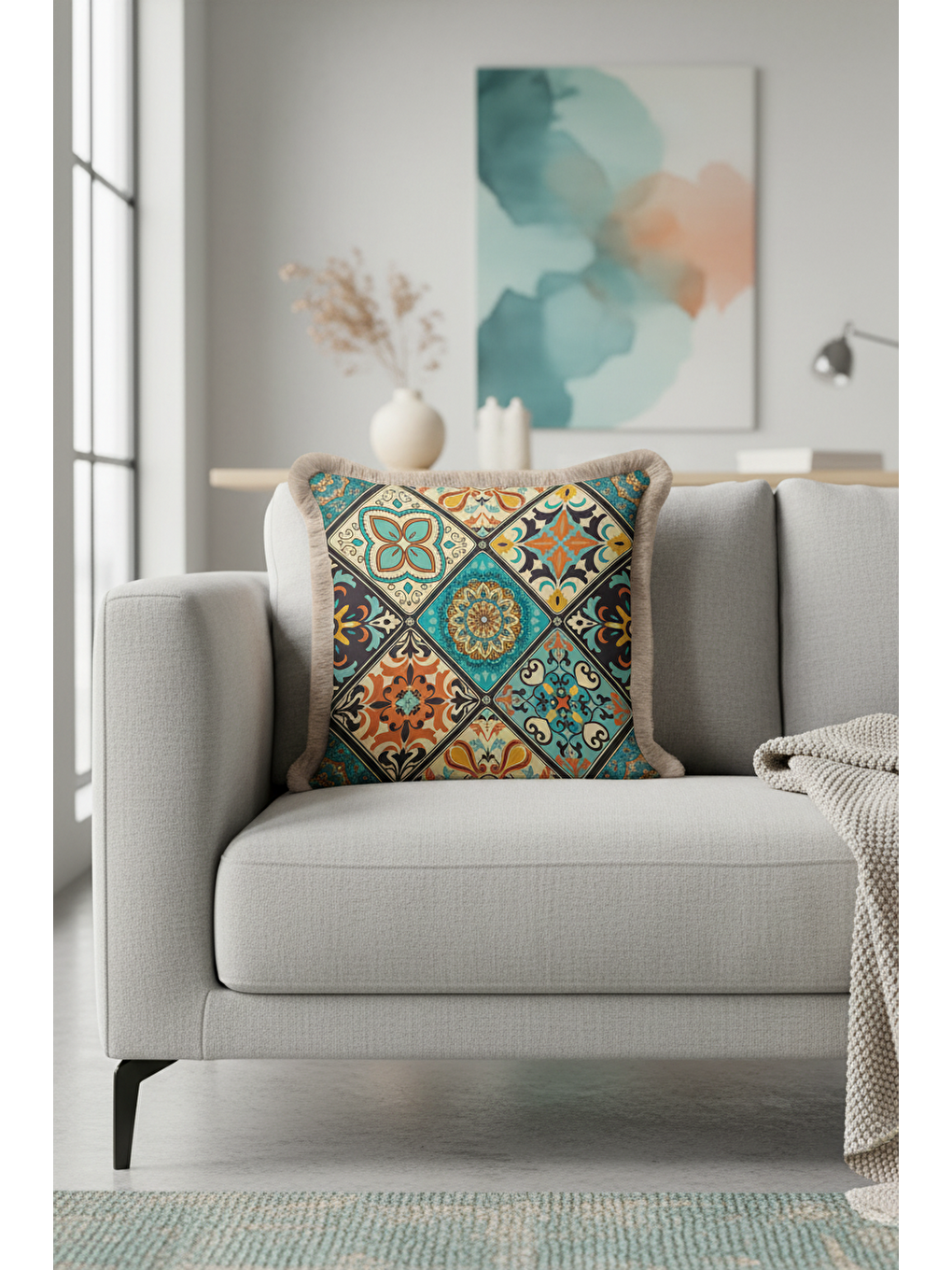 Karışık Avangart Mozaik Saçaklı Yastık Kılıfı - Vintage Etnik Mint Turuncu Gri Püsküllü Kırlent Kılıfı-4