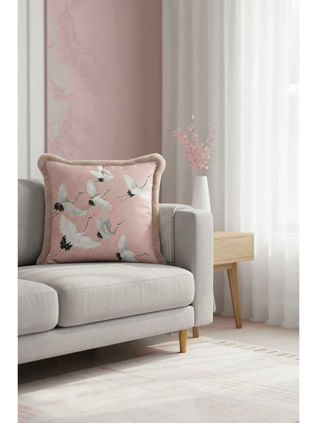 Karışık Japon Zarafeti Saçaklı Yastık Kılıfı - Uçan Turna Motifli Bohem Pudra Bej Püsküllü Kırlent Kılıfı-1