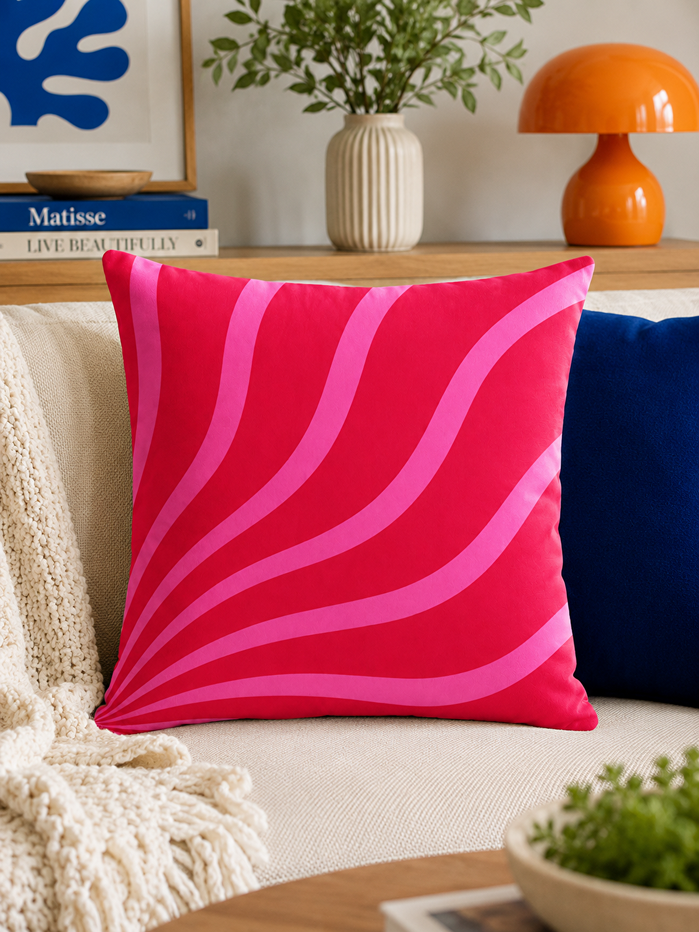 Fuşya Pembe Dalga Soyut Desenli Dekoratif Kırlent Kılıfı Modern Minimal Dekor 43x43 Cm-5