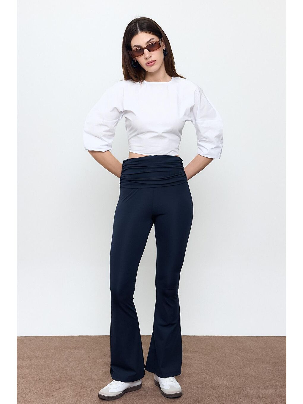 Lacivert Beli Büzgülü İspanyol Paça Pantolon-1