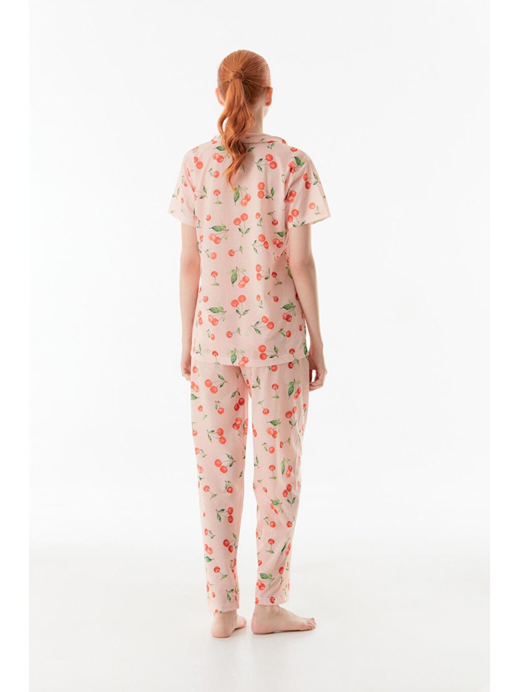 Pembe Kiraz Desenli Gömlek Yaka Pijama Takımı-2
