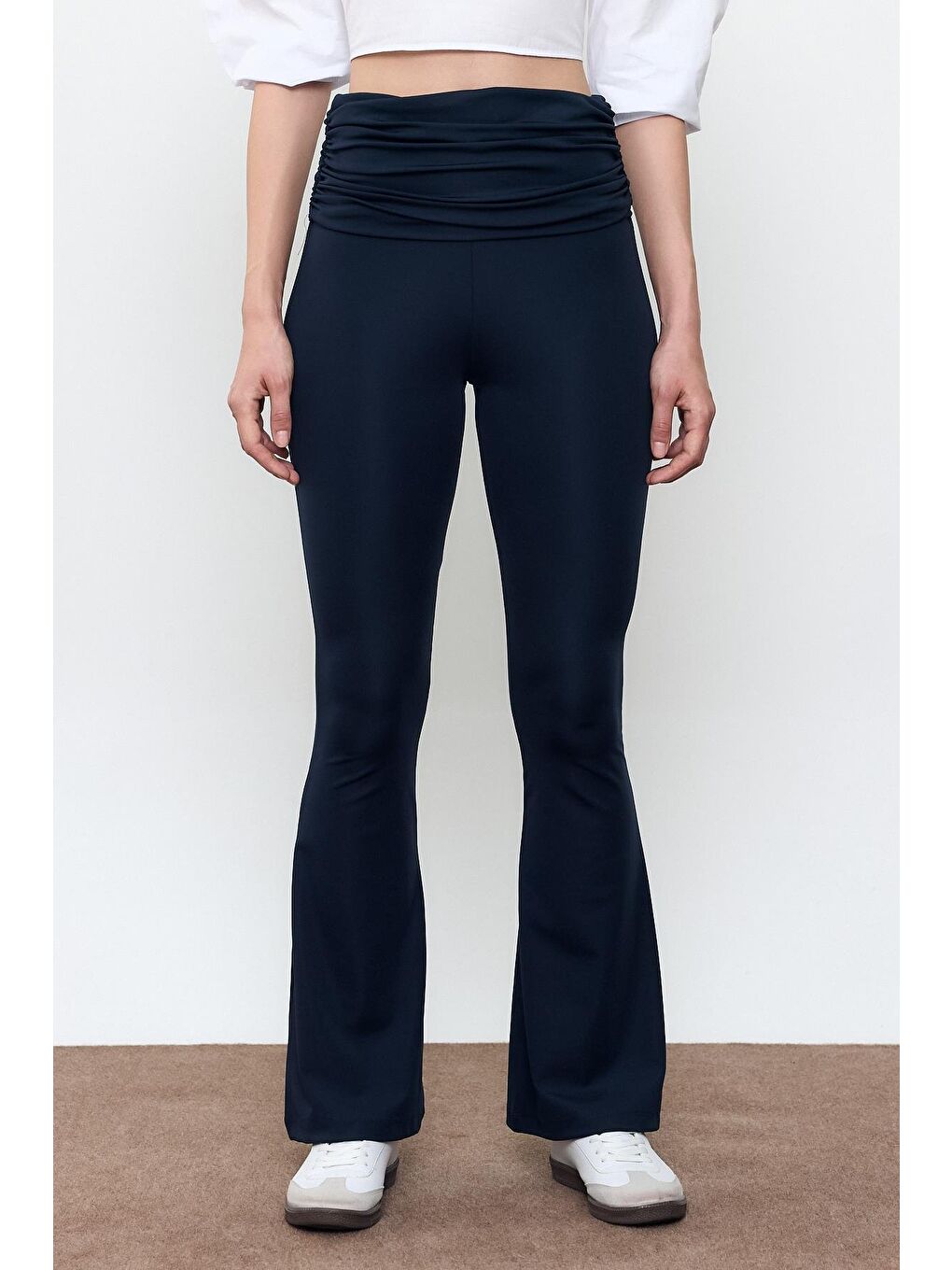 Lacivert Beli Büzgülü İspanyol Paça Pantolon-2