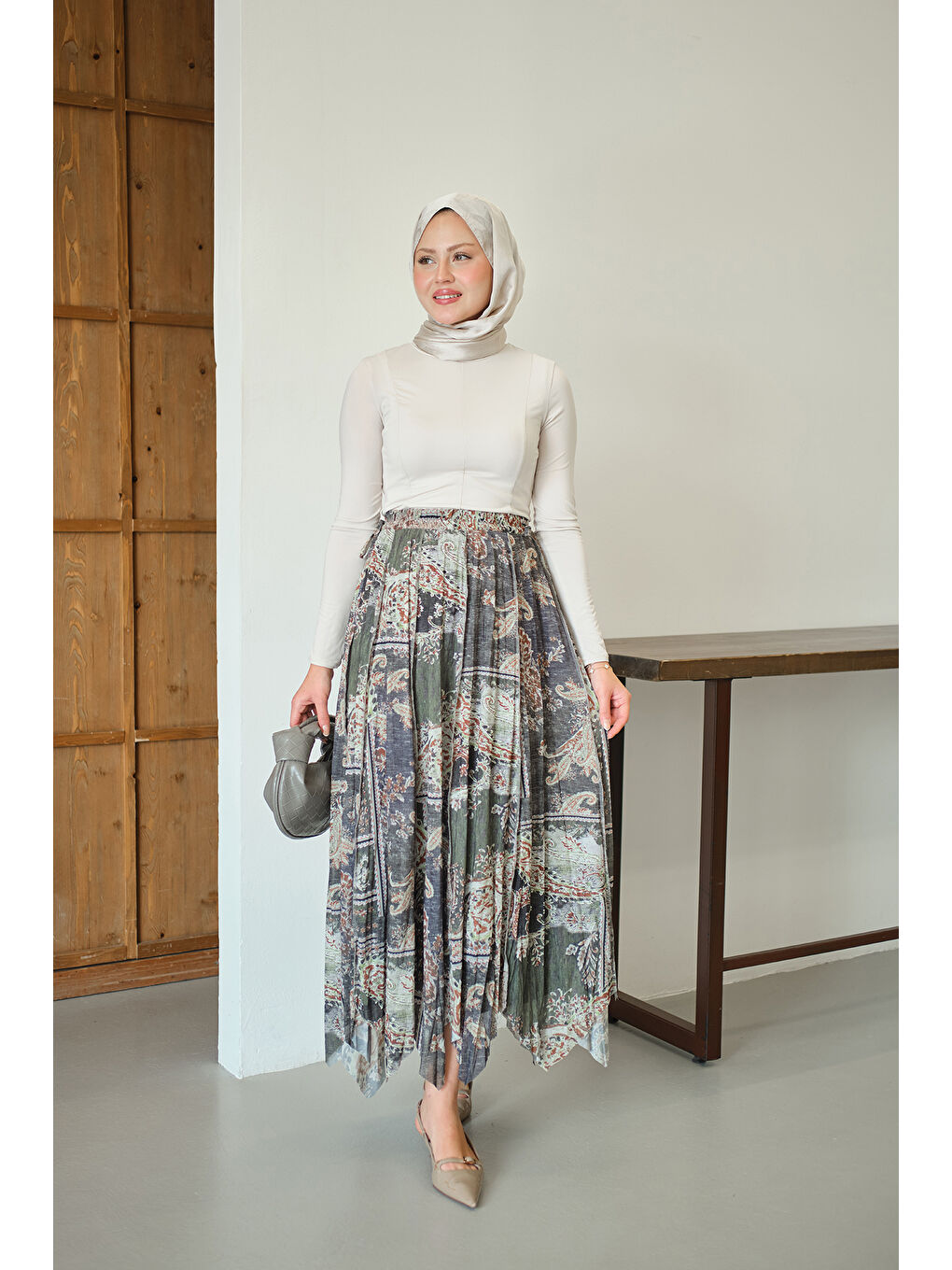 Kadın Etnik Desen Asimetrik Kesim Şifon Etek Yeşil