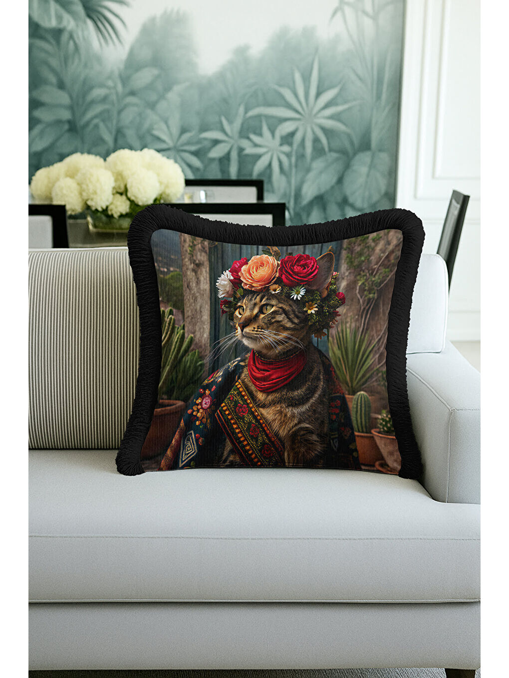 Karışık Bohem Çiçekli Saçaklı Yastık Kılıfı - Sanatsal Retro Çizgili Siyah Püsküllü Kırlent Kılıfı-1