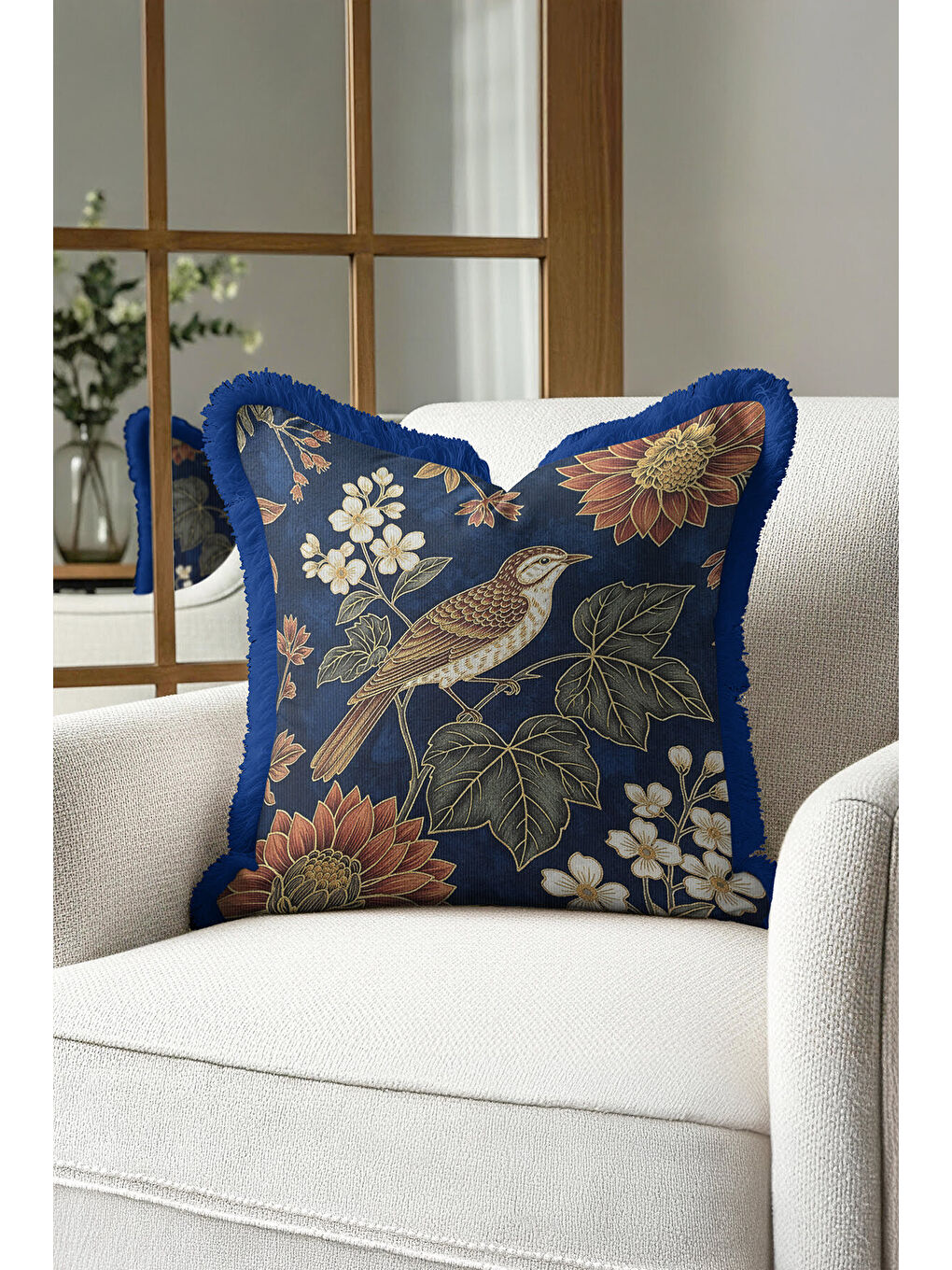 Karışık Lüks Kuş Çiçek Motifli Saçaklı Yastık Kılıfı - Vintage Rustik Lacivert Gold Püsküllü Kırlent Kılıfı