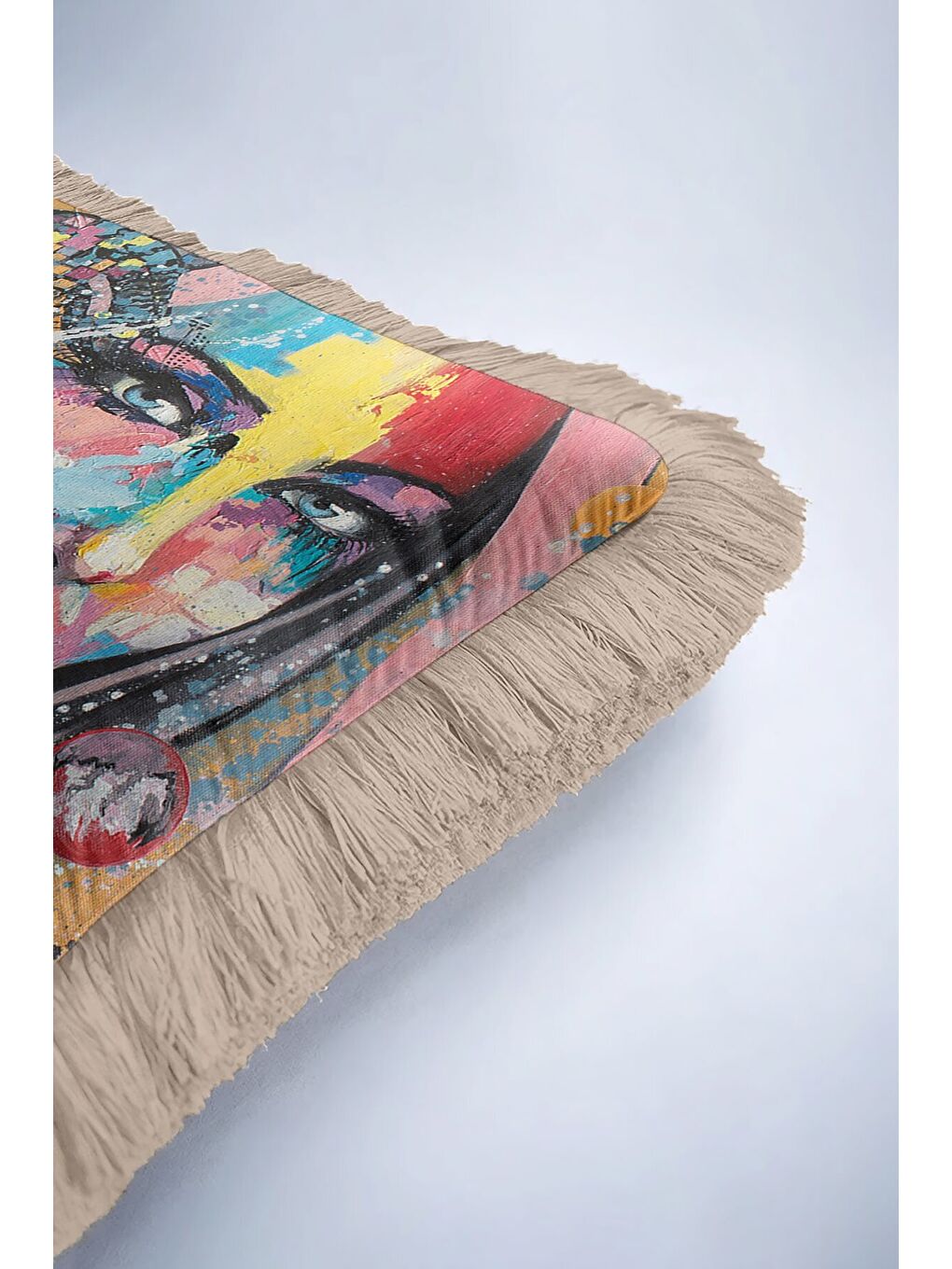 Karışık Renkli Sanat Portre Saçaklı Yastık Kılıfı - Bohem Etnik Vurgulu Mavi Bej Püsküllü Kırlent Kılıfı-6