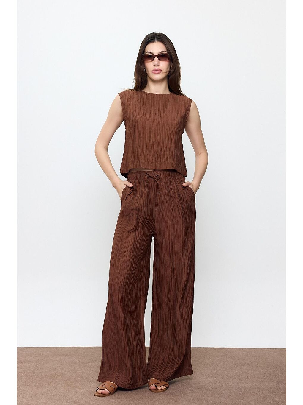 Kahverengi Fitilli Beli Lastikli Palazzo Pantolon