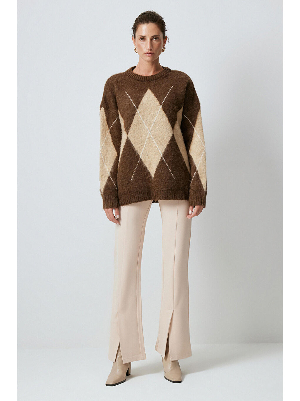 Kahverengi Baklava Desenli Triko Kazak