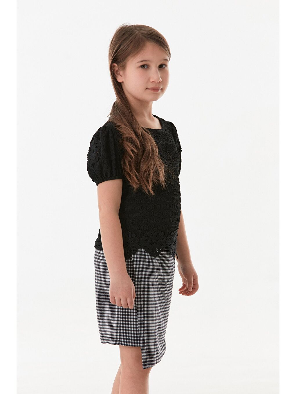 Siyah Beli Güpürlü Balon Kol Kız Çocuk Bluz-3