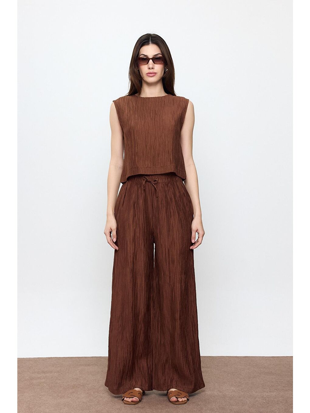 Kahverengi Fitilli Beli Lastikli Palazzo Pantolon-1