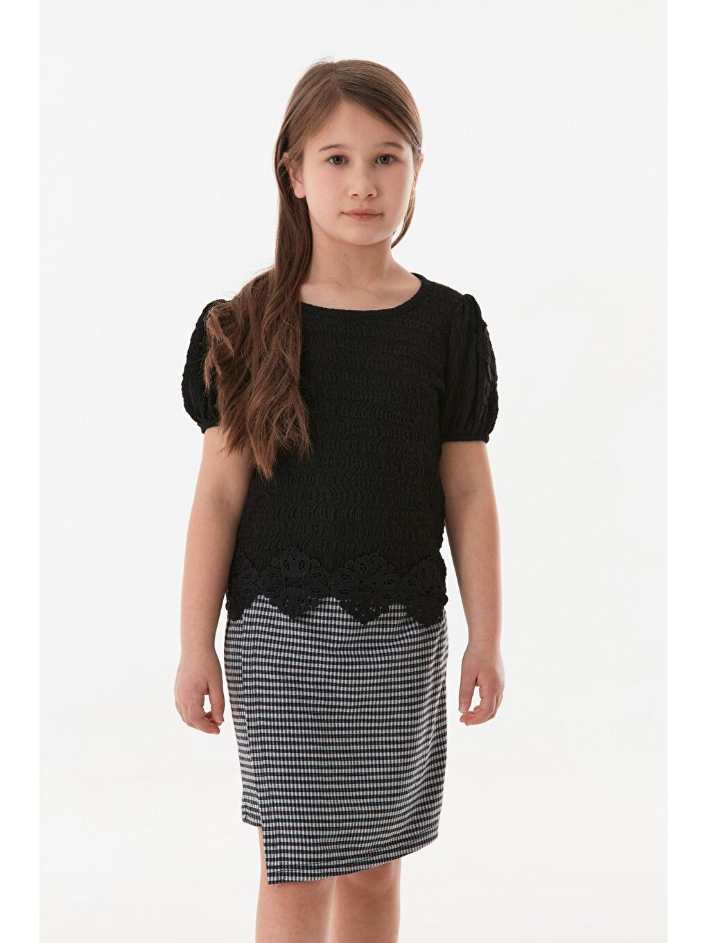 Siyah Beli Güpürlü Balon Kol Kız Çocuk Bluz-4