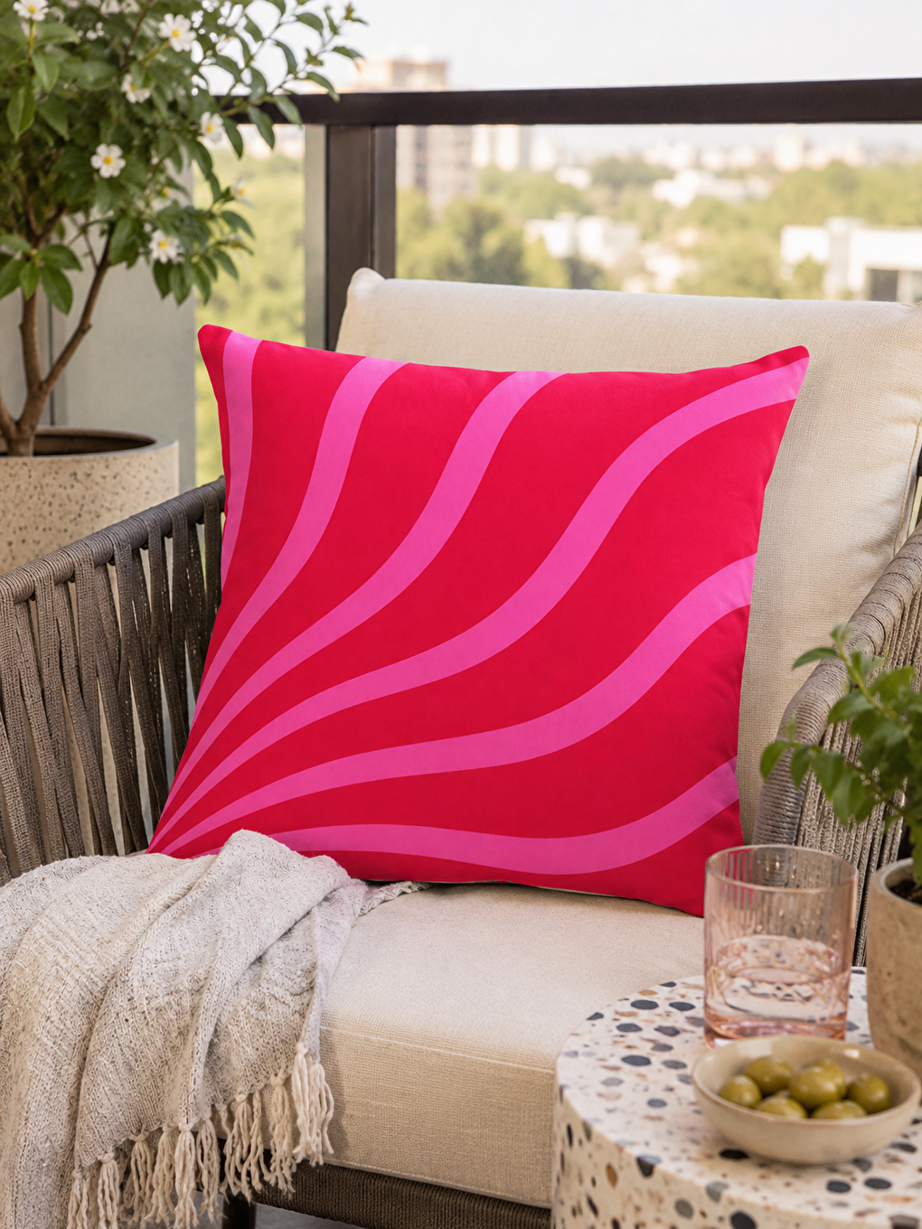 Fuşya Pembe Dalga Soyut Desenli Dekoratif Kırlent Kılıfı Modern Minimal Dekor 43x43 Cm-6