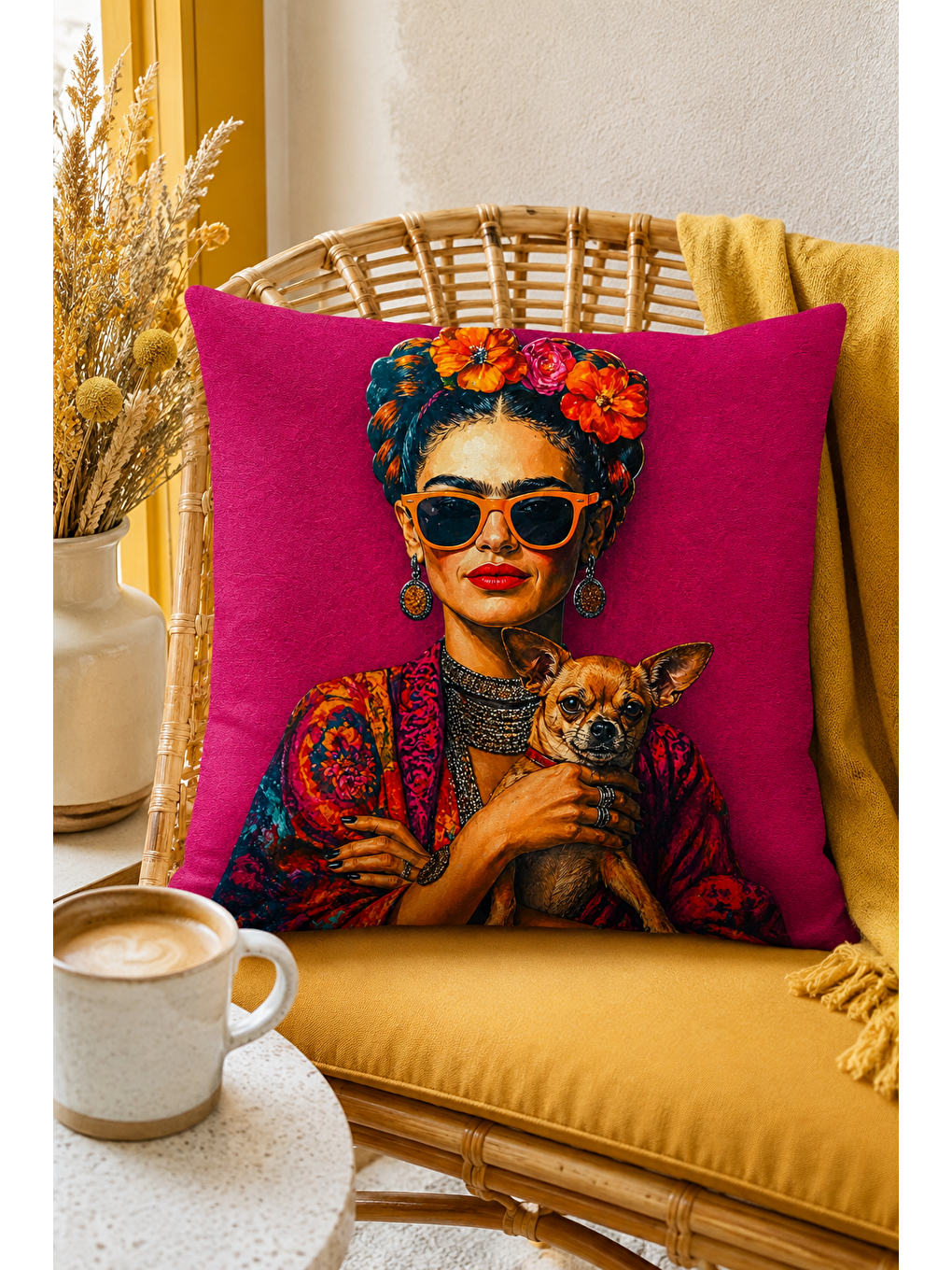 Fuşya Çiçek Taçlı Kadın Köpek Desenli Dekoratif Kırlent Kılıfı Bohem Pop Art Dekor 43x43 Cm-4
