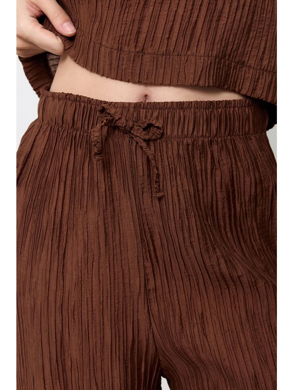 Kahverengi Fitilli Beli Lastikli Palazzo Pantolon-2