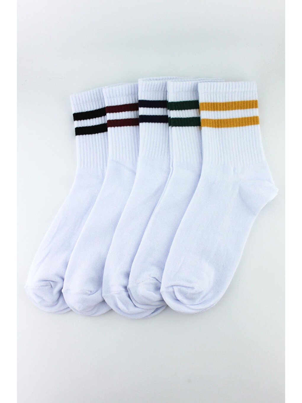 Beyaz 5'li paket farklı çizgilerde beyaz Yarım Konç erkek - Kadın Unisex Çorap
