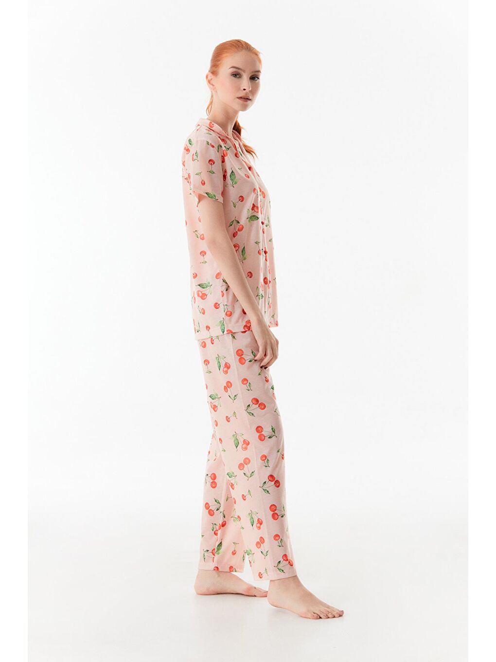 Pembe Kiraz Desenli Gömlek Yaka Pijama Takımı-3