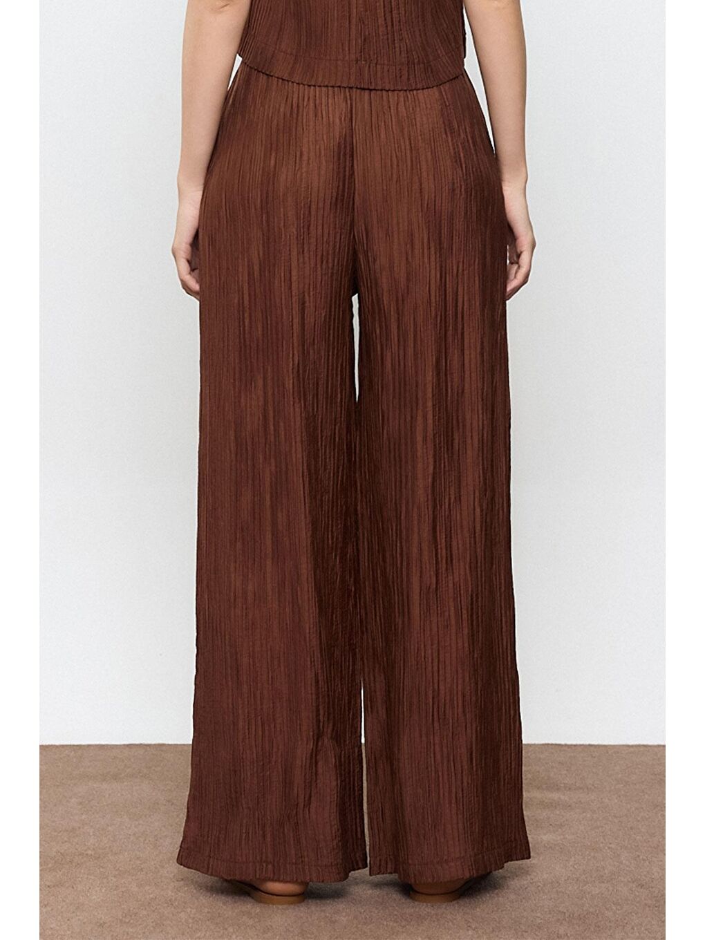 Kahverengi Fitilli Beli Lastikli Palazzo Pantolon-3