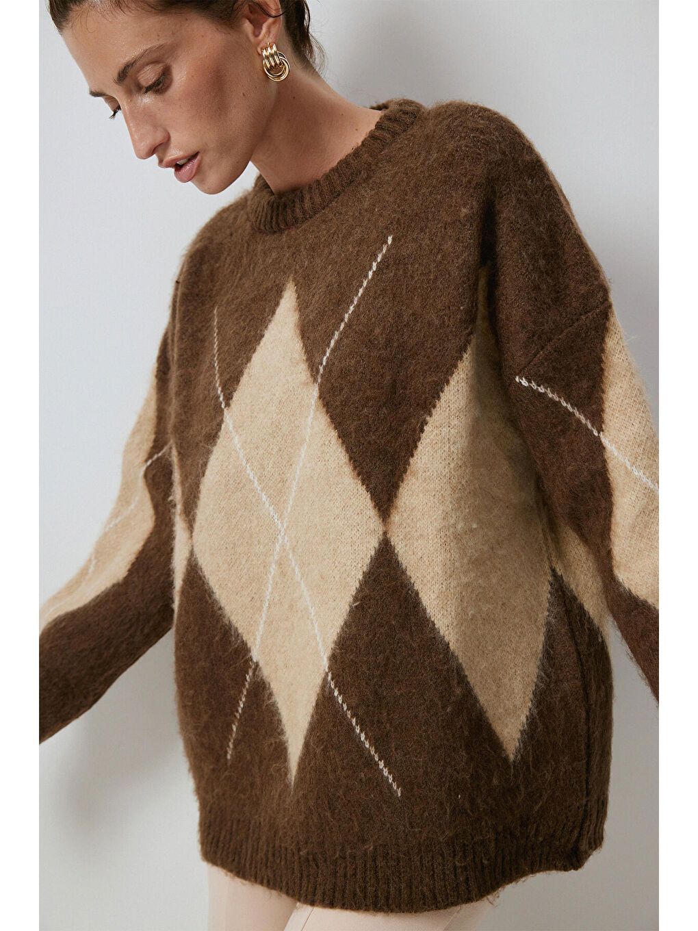 Kahverengi Baklava Desenli Triko Kazak-4