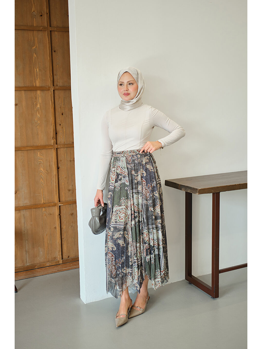 Kadın Etnik Desen Asimetrik Kesim Şifon Etek Yeşil-2