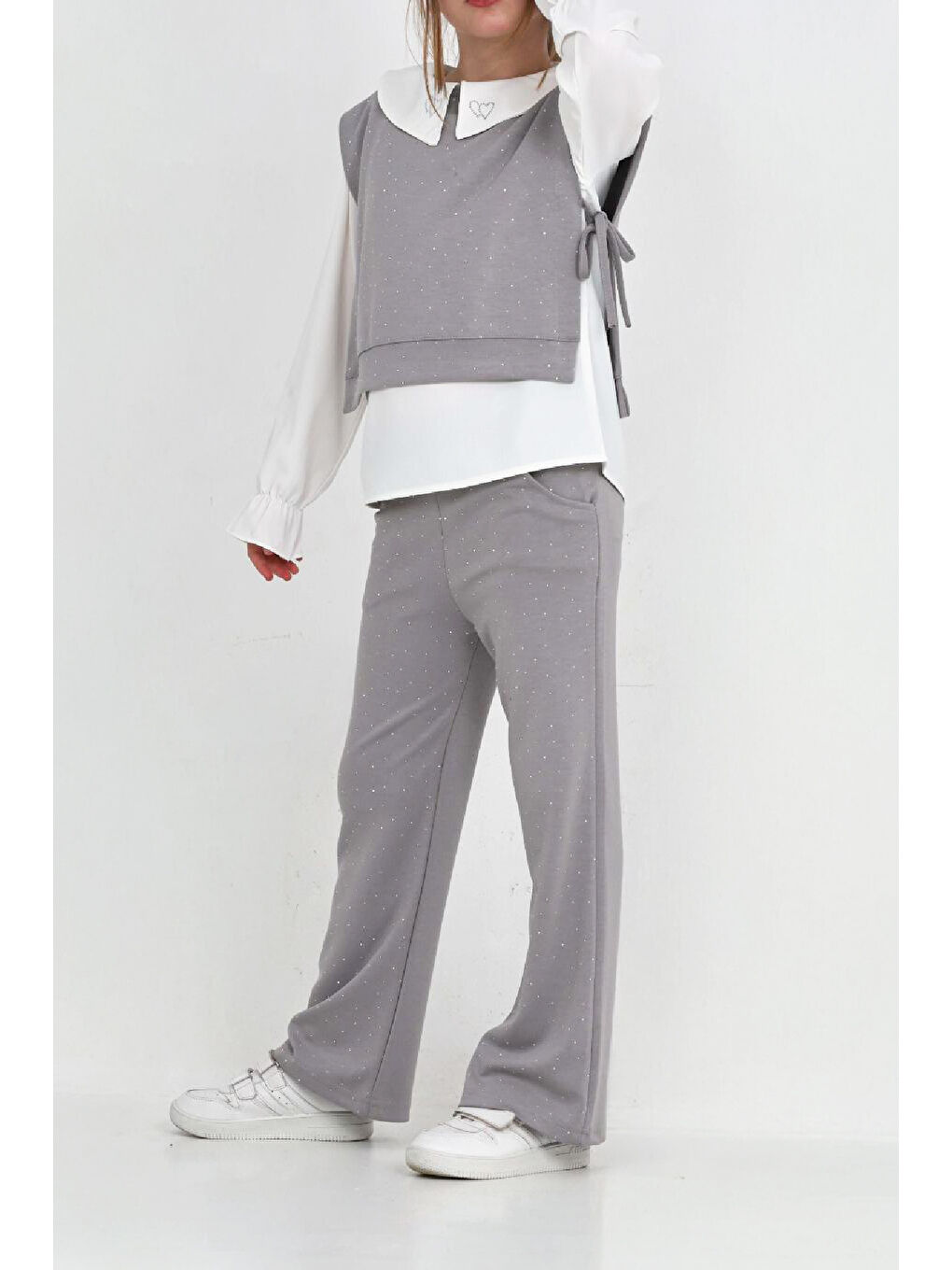 Gri Kız Çocuk 3'lü Takım (Pantolon+Yelek+Bluz) 12429-1